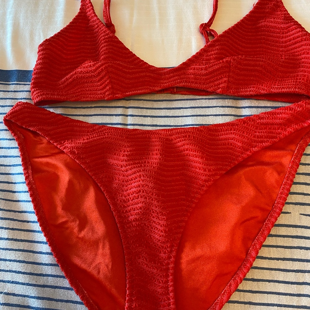 Red Textured Bikini Set
